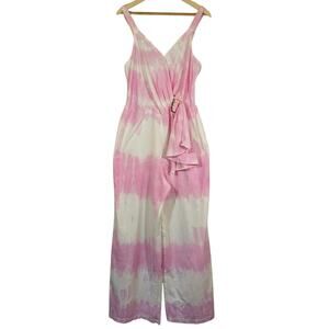 L Venus Cele Pink White Tie-Dye Wide Leg Jumpsuit NWT Womens Size 16 Linen Blend